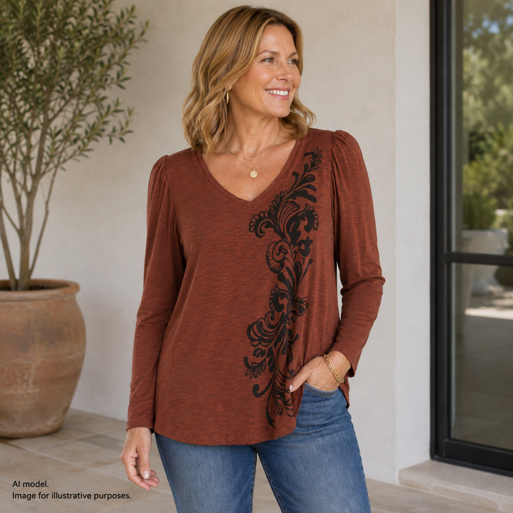 Chicos Shirt 3 Womens XL Rust Romantic Scroll Print Slub V Neck Tee TAGS $55.50